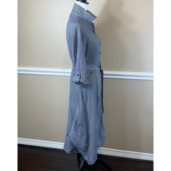 Parallel Skies Blue White Dress S Pinstripe Asymmetrical Midi Nautical Coastal - Picture 6 of 12